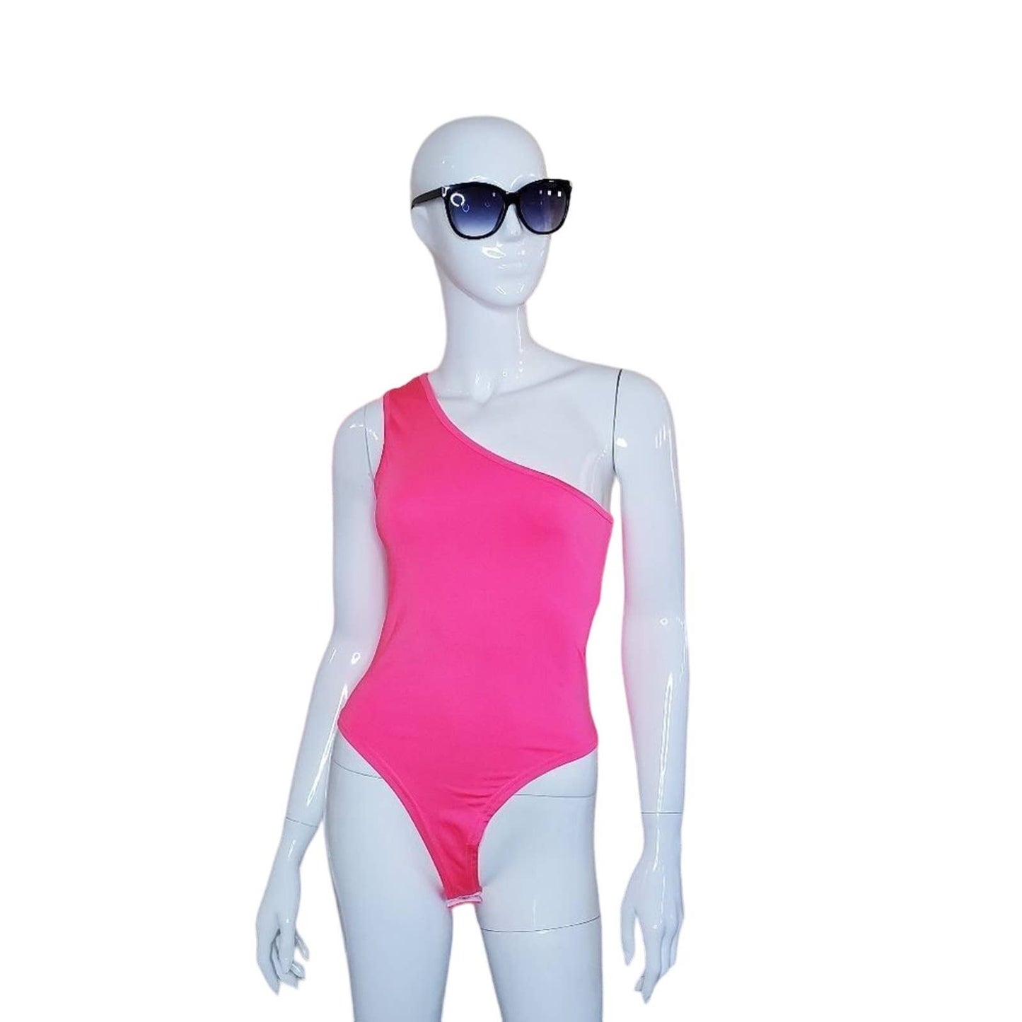 Neon Pink Sleeveless One Shoulder Bodysuit, Size Small
