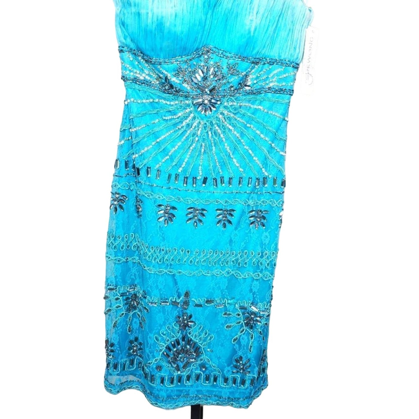 NEW Sue Wong One Shoulder Mermaid Teal Blue Beaded Embroidered Dress, Size 2