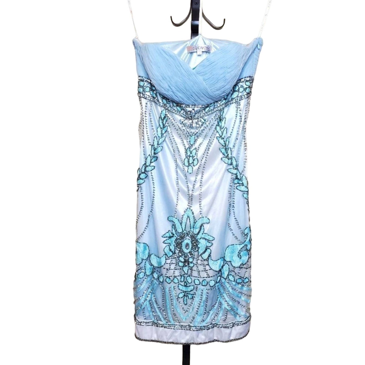 Sue Wong Strapless Beaded Embroidered Baby Blue Dress, Size 2