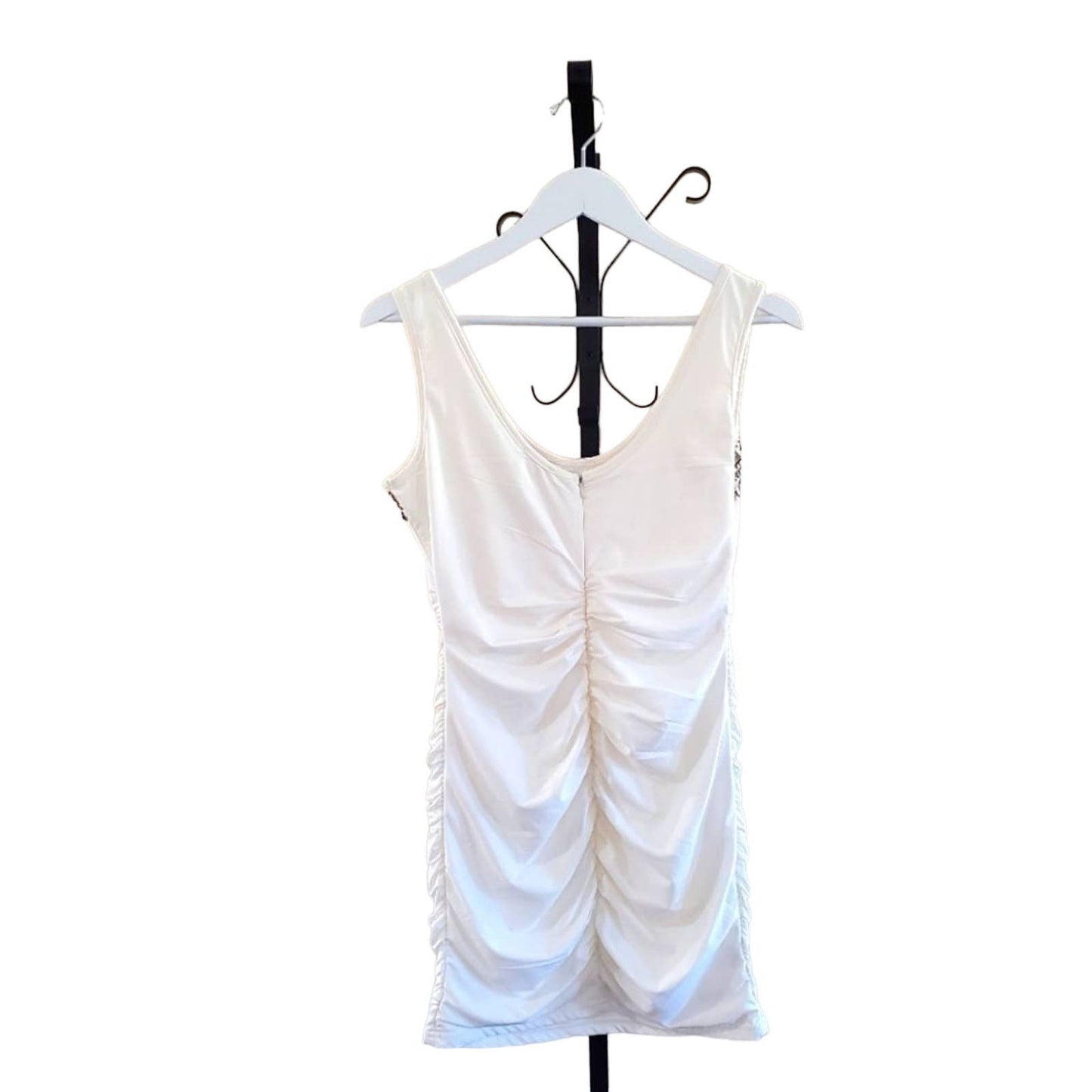 Nikibiki White Ruched Mini Dress with Chrome Bead Detail, Size Medium