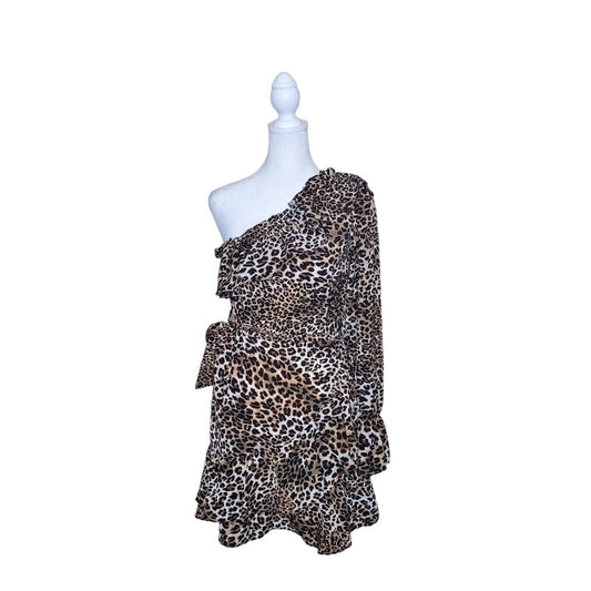 Femme Luxe Leopard Print One Shoulder Mini Dress, Size X-Small