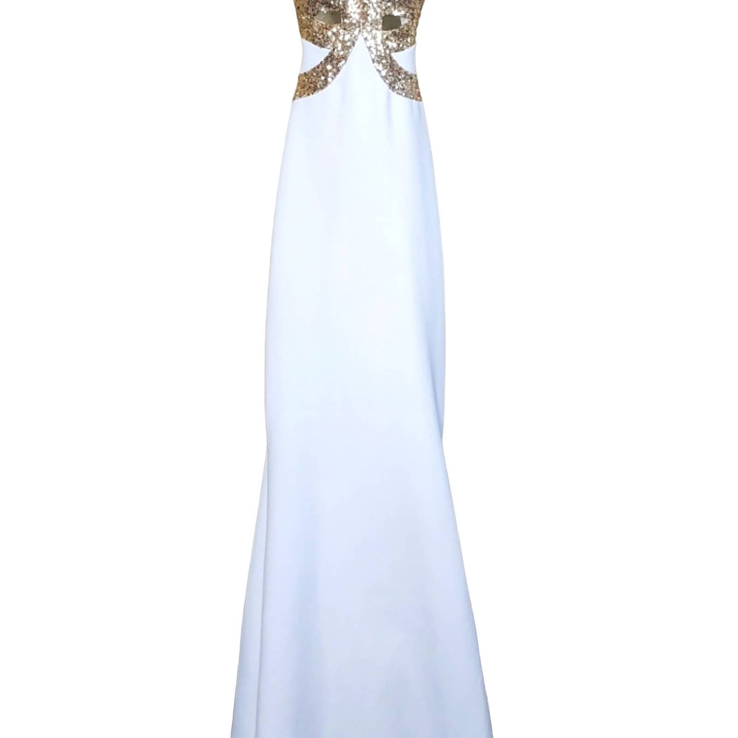 FAVIANA White Cutout Dress with Gold Sequin Detail, Size 0