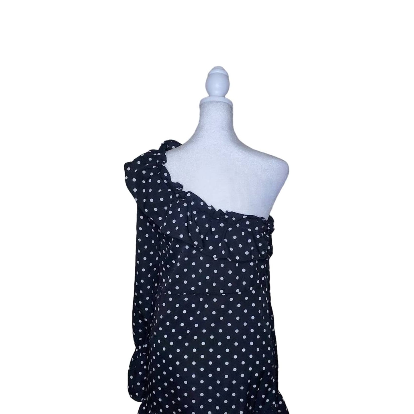 Femme Luxe Black & White Polka Dot One Shoulder Mini Dress, Size X-Small