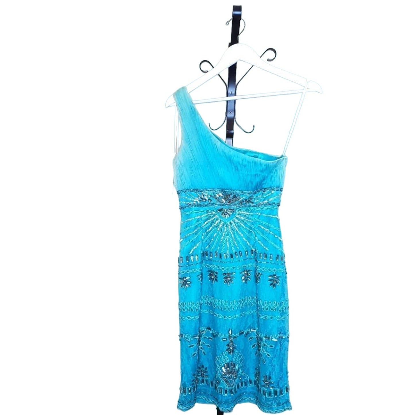 NEW Sue Wong One Shoulder Mermaid Teal Blue Beaded Embroidered Dress, Size 2