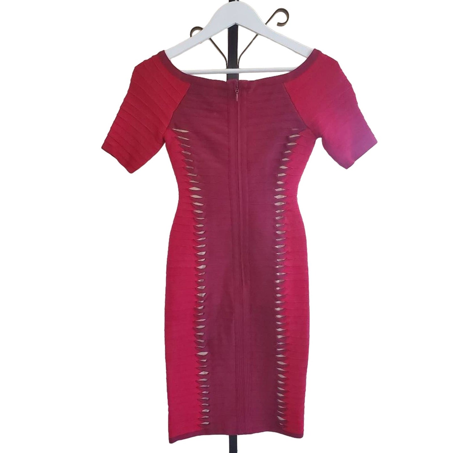 HERVE LEGER Red Short Sleeve Bodycon Bandage Scoop Neck Dress, Size X-Small
