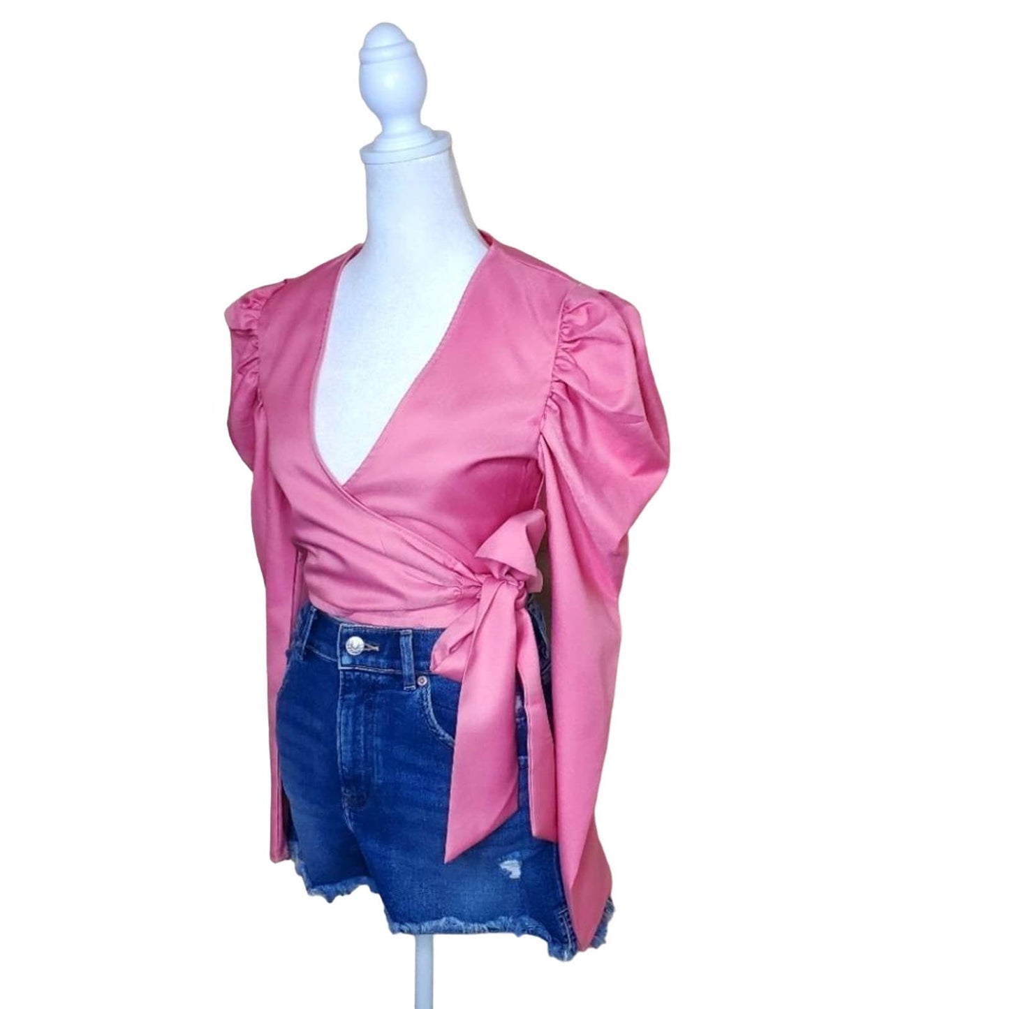 In The Style Pink Wrap Long Puff Sleeve Top, Size 6