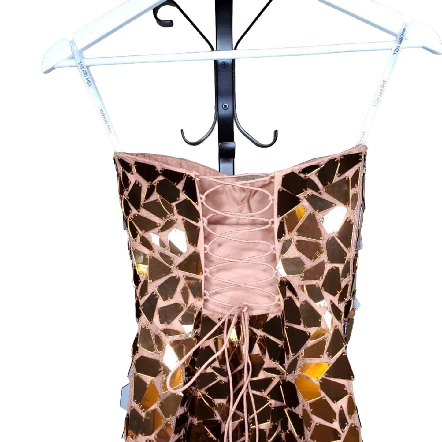 Sherri Hill Short Strapless Scuba Dress with Lace Up Back, Bronze, Size 00