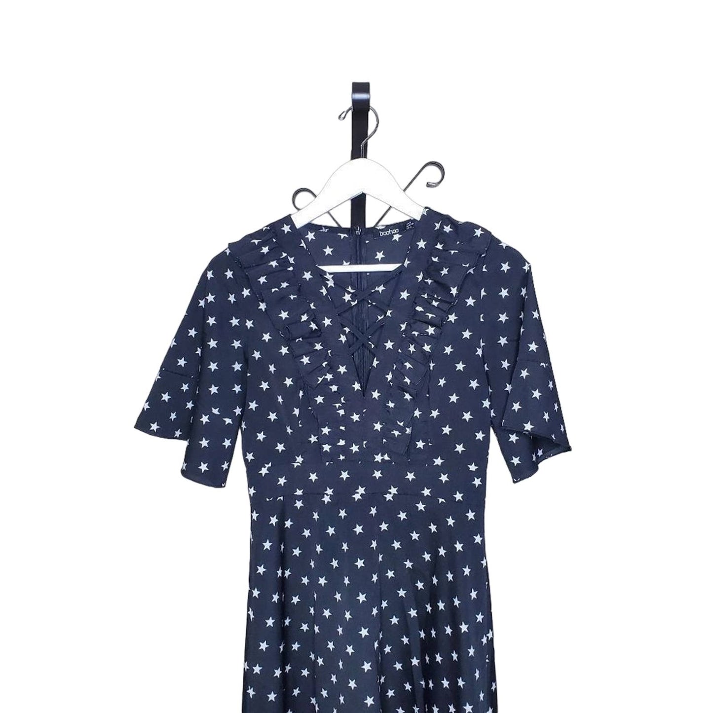 Boohoo Black and White Allover Star Print Cap Sleeve Midi Dress, Size UK8/US4